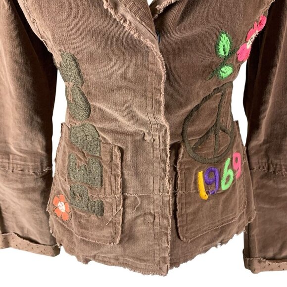 Pepper Brown Corduroy Jacket 1969 Peace Sign Appliqué Boho Hippie Y2K Retro S - Picture 3 of 8